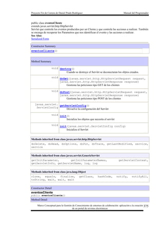 Proyecto Fin de Carrera de Daniel Prado Rodríguez Manual del Programador
Marco Conceptual para la Gestión de Conocimiento de entornos de colaboración: aplicación a la creación
de un portal de revistas electrónicas
375
public class eventosCliente
extends javax.servlet.http.HttpServlet
Servlet que controla los eventos producidos por un Cliente y que controla las acciones a realizar. También
se encarga de recuperar los Parametros que nos identifican el evento y las acciones a realizar.
See Also:
Serialized Form
Constructor Summary
eventosCliente()
Method Summary
void destroy()
Cuando se destruye el Servlet se deconectaran los objtos creados.
void doGet(javax.servlet.http.HttpServletRequest request,
javax.servlet.http.HttpServletResponse response)
Gestiona las peticiones tipo GET de los clientes
void doPost(javax.servlet.http.HttpServletRequest request,
javax.servlet.http.HttpServletResponse response)
Gestiona las peticiones tipo POST de los clientes
javax.servlet.
ServletConfig
getServletConfig()
Devuelve la configuración del Servlet
void init()
Inicializa los objetos que necesita el servlet
void init(javax.servlet.ServletConfig config)
Inicializa el Servlet
Methods inherited from class javax.servlet.http.HttpServlet
doDelete, doHead, doOptions, doPut, doTrace, getLastModified, service,
service
Methods inherited from class javax.servlet.GenericServlet
getInitParameter, getInitParameterNames, getServletContext,
getServletInfo, getServletName, log, log
Methods inherited from class java.lang.Object
clone, equals, finalize, getClass, hashCode, notify, notifyAll,
toString, wait, wait, wait
Constructor Detail
eventosCliente
public eventosCliente()
Method Detail
 