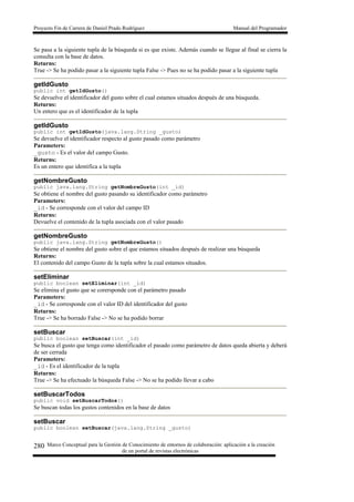 Proyecto Fin de Carrera de Daniel Prado Rodríguez Manual del Programador
Marco Conceptual para la Gestión de Conocimiento de entornos de colaboración: aplicación a la creación
de un portal de revistas electrónicas
280
Se pasa a la siguiente tupla de la búsqueda si es que existe. Además cuando se llegue al final se cierra la
consulta con la base de datos.
Returns:
True -> Se ha podido pasar a la siguiente tupla False -> Pues no se ha podido pasar a la siguiente tupla
getIdGusto
public int getIdGusto()
Se devuelve el identificador del gusto sobre el cual estamos situados después de una búsqueda.
Returns:
Un entero que es el identificador de la tupla
getIdGusto
public int getIdGusto(java.lang.String _gusto)
Se devuelve el identificador respecto al gusto pasado como parámetro
Parameters:
_gusto - Es el valor del campo Gusto.
Returns:
Es un entero que identifica a la tupla
getNombreGusto
public java.lang.String getNombreGusto(int _id)
Se obtiene el nombre del gusto pasando su identificador como parámetro
Parameters:
_id - Se corresponde con el valor del campo ID
Returns:
Devuelve el contenido de la tupla asociada con el valor pasado
getNombreGusto
public java.lang.String getNombreGusto()
Se obtiene el nombre del gusto sobre el que estamos situados después de realizar una búsqueda
Returns:
El contenido del campo Gusto de la tupla sobre la cual estamos situados.
setEliminar
public boolean setEliminar(int _id)
Se elimina el gusto que se corersponde con el parámetro pasado
Parameters:
_id - Se corresponde con el valor ID del identificador del gusto
Returns:
True -> Se ha borrado False -> No se ha podido borrar
setBuscar
public boolean setBuscar(int _id)
Se busca el gusto que tenga como identificador el pasado como parámetro de datos queda abierta y deberá
de ser cerrada
Parameters:
_id - Es el identificador de la tupla
Returns:
True -> Se ha efectuado la búsqueda False -> No se ha podido llevar a cabo
setBuscarTodos
public void setBuscarTodos()
Se buscan todas los gustos contenidos en la base de datos
setBuscar
public boolean setBuscar(java.lang.String _gusto)
 