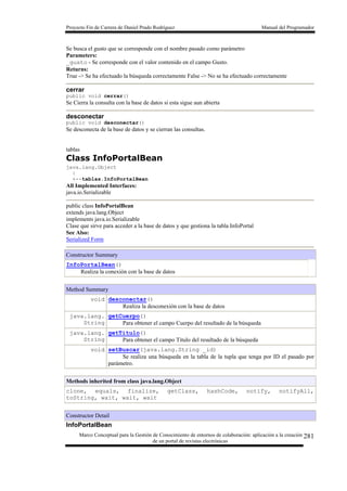 Proyecto Fin de Carrera de Daniel Prado Rodríguez Manual del Programador
Marco Conceptual para la Gestión de Conocimiento de entornos de colaboración: aplicación a la creación
de un portal de revistas electrónicas
281
Se busca el gusto que se corresponde con el nombre pasado como parámetro
Parameters:
_gusto - Se corresponde con el valor contenido en el campo Gusto.
Returns:
True -> Se ha efectuado la búsqueda correctamente False -> No se ha efectuado correctamente
cerrar
public void cerrar()
Se Cierra la consulta con la base de datos si esta sigue aun abierta
desconectar
public void desconectar()
Se desconecta de la base de datos y se cierran las consultas.
tablas
Class InfoPortalBean
java.lang.Object
|
+--tablas.InfoPortalBean
All Implemented Interfaces:
java.io.Serializable
public class InfoPortalBean
extends java.lang.Object
implements java.io.Serializable
Clase que sirve para acceder a la base de datos y que gestiona la tabla InfoPortal
See Also:
Serialized Form
Constructor Summary
InfoPortalBean()
Realiza la conexión con la base de datos
Method Summary
void desconectar()
Realiza la desconexión con la base de datos
java.lang.
String
getCuerpo()
Para obtener el campo Cuerpo del resultado de la búsqueda
java.lang.
String
getTitulo()
Para obtener el campo Titulo del resultado de la búsqueda
void setBuscar(java.lang.String _id)
Se realiza una búsqueda en la tabla de la tupla que tenga por ID el pasado por
parámetro.
Methods inherited from class java.lang.Object
clone, equals, finalize, getClass, hashCode, notify, notifyAll,
toString, wait, wait, wait
Constructor Detail
InfoPortalBean
 