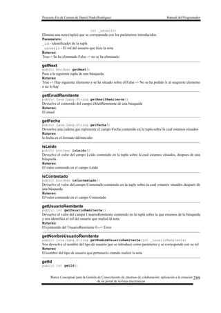 Proyecto Fin de Carrera de Daniel Prado Rodríguez Manual del Programador
Marco Conceptual para la Gestión de Conocimiento de entornos de colaboración: aplicación a la creación
de un portal de revistas electrónicas
289
int _usuario)
Elimina una nota (tupla) que se corresponda con los parámetros introducidos
Parameters:
_id - identificador de la tupla
_usuario - El rol del usuario que hizo la nota
Returns:
True-> Se ha eliminado False -> no se ha eliminado
getNext
public boolean getNext()
Pasa a la siguiente tupla de una búsqueda.
Returns:
True -> Hay siguiente elemento y se ha situado sobre el False -> No se ha podido ir al siugiente elemento
o no lo hay
getEmailRemitente
public java.lang.String getEmailRemitente()
Devuelve el contenido del campo eMailRemitente de una búsqueda
Returns:
El email
getFecha
public java.lang.String getFecha()
Devuelve una cadena que representa el campo Fecha contenido en la tupla sobre la cual estamos situados
Returns:
la fecha en el formato dd/mm/año
isLeido
public boolean isLeido()
Devuelve el valor del campo Leido contenido en la tupla sobre la cual estamos situados, despues de una
búsqueda.
Returns:
El valor contenido en el campo Leido
isContestado
public boolean isContestado()
Devuelve el valor del campo Contestado contenido en la tupla sobre la cual estamos situados después de
una búsqueda.
Returns:
El valor contenido en el campo Contestado
getUsuarioRemitente
public int getUsuarioRemitente()
Devuelve el valor del campo UsuarioRemitente contenido en la tupla sobre la que estamos de la búsqueda
y nos identifica el rol del usuario que realizó la nota
Returns:
El contenido del UsuarioRemitente 0 --> Error
getNombreUsuarioRemitente
public java.lang.String getNombreUsuarioRemitente(int _usuarioRemitente)
Nos devuelve el nombre del tipo de usuario que se introduce como parámetro y se corresponde con su rol
Returns:
El nombre del tipo de usuario que pertenecía cuando realizó la nota
getId
public int getId()
 