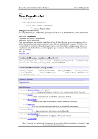 Proyecto Fin de Carrera de Daniel Prado Rodríguez Manual del Programador
Marco Conceptual para la Gestión de Conocimiento de entornos de colaboración: aplicación a la creación
de un portal de revistas electrónicas
299
tablas
Class PagesRowSet
java.lang.Object
|
+--sun.jdbc.rowset.BaseRowSet
|
+--sun.jdbc.rowset.CachedRowSet
|
+--tablas.PagesRowSet
All Implemented Interfaces:
java.lang.Cloneable, java.sql.ResultSet, javax.sql.RowSet, javax.sql.RowSetInternal, java.io.Serializable
public class PagesRowSet
extends sun.jdbc.rowset.CachedRowSet
implements java.io.Serializable
Clase que implementa una iteración integral con la base de datos. Permite su conexión y desconexión y
realizar busquedas que iran almancenan en el propio objeto el resultado de la búsqueda. Permitimos ir a
cualquier tupla en cualquier orden, además gestionamos las distintas tuplas en páginas, para realizar una
visualización más fácil en forma de distintas páginas que muestran la información. Se puede comportar
como un JavaBean
See Also:
Serialized Form
Fields inherited from class sun.jdbc.rowset.BaseRowSet
ASCII_STREAM_PARAM, asciiStream, BINARY_STREAM_PARAM, binaryStream,
charStream, UNICODE_STREAM_PARAM, unicodeStream
Fields inherited from interface java.sql.ResultSet
CONCUR_READ_ONLY, CONCUR_UPDATABLE, FETCH_FORWARD, FETCH_REVERSE,
FETCH_UNKNOWN, TYPE_FORWARD_ONLY, TYPE_SCROLL_INSENSITIVE,
TYPE_SCROLL_SENSITIVE
Constructor Summary
PagesRowSet()
Method Summary
boolean absolutePage(int _page)
Se va a la página indicada en el parámetro y nos situamos en su primer elemento.
void close()
Cierra la conexión con la base de datos y inicializa el objeto.
void deleteRow()
Elimina la celda sobre la que estamos situados dentro de la búsqueda
void execute()
Sirve para ejecutar una setencia sql que se ha introducido previamente
boolean first()
Se va al primer elemento del resultado de una búsqueda.
boolean firstInPage()
Se va al primer elemento de la página sobre la cual estamos
boolean firstPage()
 