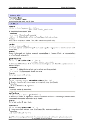 Proyecto Fin de Carrera de Daniel Prado Rodríguez Manual del Programador
Marco Conceptual para la Gestión de Conocimiento de entornos de colaboración: aplicación a la creación
de un portal de revistas electrónicas
312
Constructor Detail
ProvinciasBean
public ProvinciasBean()
Realiza la conexión con la base de datos
Method Detail
Insertar
public boolean Insertar(int _idPais,
java.lang.String _provincia)
Se inserta una provincia en la tabla
Parameters:
_provincia - El nombre de la provincia
_idPais - Es el identificador del pais con la cual la provincia está asociada.
Returns:
True -> Se ha insertado en la tabla False -> No se ha insertado en la tabla
getNext
public boolean getNext()
Se pasa a la siguiente tupla de la búsqueda (si es que la hay). Si se llega al final se cierra la consulta con la
base de datos.
Returns:
True -> Se ha pasado a la siguiente tupla de la búsqueda False -> Estamos al final y no hay más tuplas o
no se ha efectuado la operación
getIdProvincia
public int getIdProvincia(int _idPais,
java.lang.String _provincia)
Se devuelve el Identificador de la provincia que se corresponde con el nombre y está asociada a un
determinado país.
Parameters:
_idPais - Es el identificador del pais con la cual esta asocida la provincia
_provincia - Es el nombre que tiene la provincia.
Returns:
Devuelve el número el ID del pais.
getNombreProvincia
public java.lang.String getNombreProvincia(int _id)
Se devuelve el nombre de la provincia que se corresponde con el identificador.
Parameters:
_id - Es el identificador de la provincia
Returns:
Devuelve el nombre de la provincia.
getProvincia
public java.lang.String getProvincia()
Se devuelve el nombre de la provincia sobre la cual estamos situados. La consulta sigue habierta una vez
ejecutada este método por tanto deberá de ser cerrada.
Returns:
Devuelve el nombre de la provincia.
setEliminar
public boolean setEliminar(int _id)
Se elimina la provincia que tiene como identificador ID el pasado como parámetro
Parameters:
_id - Identificador de la provincia.
 