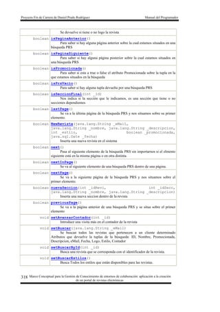 Proyecto Fin de Carrera de Daniel Prado Rodríguez Manual del Programador
Marco Conceptual para la Gestión de Conocimiento de entornos de colaboración: aplicación a la creación
de un portal de revistas electrónicas
318
Se devuelve si tiene o no logo la revista
boolean isPaginaAnterior()
Para saber si hay alguna página anterior sobre la cual estamos situados en una
búsqueda PRS
boolean isPaginaSiguiente()
Para saber si hay alguna página posterior sobre la cual estamos situados en
una búsqueda PRS
boolean isPromocionada()
Para saber si esta a true o false el atributo Promocionada sobre la tupla en la
que estamos situados en la búsqueda
boolean isPrsVacio()
Para saber si hay alguna tupla devuelta por una búsqueda PRS
boolean isSeccionFinal(int _id)
Nos indica si la sección que le indicamos, es una sección que tiene o no
secciones dependientes
boolean lastPage()
Se va a la última página de la búsqueda PRS y nos situamos sobre su primer
elemento.
boolean NewRevista(java.lang.String _eMail,
java.lang.String _nombre, java.lang.String _descripcion,
int _estilo, boolean _promocionada,
java.sql.Date _fecha)
Inserta una nueva revista en el sistema
boolean next()
Pasa al siguiente elemento de la búsqueda PRS sin importarnos si el elmento
siguiente está en la misma página o en otra distinta.
boolean nextInPage()
Se va al siguiente elemento de una búsqueda PRS dentro de una página.
boolean nextPage()
Se va a la siguiente página de la búsqueda PRS y nos situamos sobre el
primer elemento.
boolean nuevaSeccion(int _idRevi, int _idSecc,
java.lang.String _nombre, java.lang.String _descripcion)
Inserta una nueva seccion dentro de la revista
boolean previousPage()
Se va a la página anterior de una búsqueda PRS y se situa sobre el primer
elemento
void setAvanzarContador(int _id)
Introduce una visita más en el contador de la revista
void setBuscar(java.lang.String _eMail)
Se buscan todos las revistas que pertenecen a un cliente determinado
Atributos que devuelve la tuplas de la búsqueda: ID, Nombre, Promocionada,
Descripcion, eMail, Fecha, Logo, Estilo, Contador
void setBuscarById(int _id)
Busca una revista que se corresponda con el identificador de la revista.
void setBuscarEstilos()
Busca Todos los estilos que están disponibles para las revistas.
 