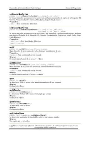 Proyecto Fin de Carrera de Daniel Prado Rodríguez Manual del Programador
Marco Conceptual para la Gestión de Conocimiento de entornos de colaboración: aplicación a la creación
de un portal de revistas electrónicas
328
setBuscarQueRevisa
public void setBuscarQueRevisa(java.lang.String _eMail)
Se buscan todos las revistas que revisa un revisor Atributos que devuelve la tuplas de la búsqueda: ID,
Nombre, Promocionada, Descripcion, eMail, Fecha, Logo, Estilo, Contador
Parameters:
_eMail - Es el identificador del revisor.
setBuscarQueRevisa
public void setBuscarQueRevisa(java.lang.String _eMailRevi,
java.lang.String _eMailCliente)
Se buscan todos las revistas que revisa un revisor y que pertenecen a un determinado cliente. Atributos
que devuelve la tuplas de la búsqueda: ID, Nombre, Promocionada, Descripcion, eMail, Fecha, Logo,
Estilo, Contador
Parameters:
_eMailRevi - Es el identificador del revisor.
_eMailCliente -
getId
public int getId(java.lang.String _nombre)
Dado el nombre de la revista nos devuelve el número identificatorio de esta.
Parameters:
_nombre - Es el nombre de la revista buscada
Returns:
El número identificatorio de la revista 0 --> Error
getIdSeccion
public int getIdSeccion(java.lang.String _nombre)
Dado el nombre de la sección nos devuelve el número identificatorio de esta
Parameters:
_nombre - Es el nombre de la revista buscada
Returns:
El número identificatorio de la revista 0 --> Error
getId
public int getId()
Se devuelve el ID de la revista sobre la cual estamos dentro de una búsqueda
Returns:
Un Entero 0 -> Error
getIdSeccion
public int getIdSeccion()
Se devuelve el Atributo IDSeccion sobre la tupla que estamos
Returns:
Un Entero 0 -> Error
getIdRevista
public int getIdRevista()
Se devuelve el ID de la revista
Returns:
Un Entero 0 -> Error
getPalabraClave
public java.lang.String getPalabraClave()
Se devuelve el nombre del atributo Palabra sobre el cual estamos situados
Returns:
Una cadena que es su nombre
 