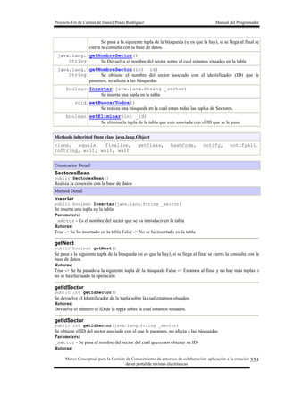 Proyecto Fin de Carrera de Daniel Prado Rodríguez Manual del Programador
Marco Conceptual para la Gestión de Conocimiento de entornos de colaboración: aplicación a la creación
de un portal de revistas electrónicas
333
Se pasa a la siguiente tupla de la búsqueda (si es que la hay), si se llega al final se
cierra la consulta con la base de datos.
java.lang.
String
getNombreSector()
Se Devuelve el nombre del sector sobre el cual estamos situados en la tabla
java.lang.
String
getNombreSector(int _id)
Se obtiene el nombre del sector asociado con el identificador (ID) que le
pasamos, no afecta a las búsquedas
boolean Insertar(java.lang.String _sector)
Se inserta una tupla en la tabla
void setBuscarTodos()
Se realiza una búsqueda en la cual estan todas las tuplas de Sectores.
boolean setEliminar(int _id)
Se elimina la tupla de la tabla que este asociada con el ID que se le pase
Methods inherited from class java.lang.Object
clone, equals, finalize, getClass, hashCode, notify, notifyAll,
toString, wait, wait, wait
Constructor Detail
SectoresBean
public SectoresBean()
Realiza la conexión con la base de datos
Method Detail
Insertar
public boolean Insertar(java.lang.String _sector)
Se inserta una tupla en la tabla
Parameters:
_sector - Es el nombre del sector que se va introducir en la tabla
Returns:
True -> Se ha insertado en la tabla False -> No se ha insertado en la tabla
getNext
public boolean getNext()
Se pasa a la siguiente tupla de la búsqueda (si es que la hay), si se llega al final se cierra la consulta con la
base de datos.
Returns:
True -> Se ha pasado a la siguiente tupla de la búsqueda False -> Estamos al final y no hay más tuplas o
no se ha efectuado la operación
getIdSector
public int getIdSector()
Se devuelve el Identificador de la tupla sobre la cual estamos situados.
Returns:
Devuelve el número el ID de la tupla sobre la cual estamos situados.
getIdSector
public int getIdSector(java.lang.String _sector)
Se obtiene el ID del sector asociado con el que le pasamos, no afecta a las búsquedas
Parameters:
_sector - Se pasa el nombre del sector del cual queremos obtener su ID
Returns:
 