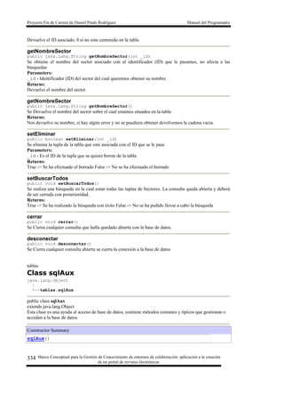 Proyecto Fin de Carrera de Daniel Prado Rodríguez Manual del Programador
Marco Conceptual para la Gestión de Conocimiento de entornos de colaboración: aplicación a la creación
de un portal de revistas electrónicas
334
Devuelve el ID asociado, 0 si no esta contenido en la tabla
getNombreSector
public java.lang.String getNombreSector(int _id)
Se obtiene el nombre del sector asociado con el identificador (ID) que le pasamos, no afecta a las
búsquedas
Parameters:
_id - Identificador (ID) del sector del cual queremos obtener su nombre
Returns:
Devuelve el nombre del sector.
getNombreSector
public java.lang.String getNombreSector()
Se Devuelve el nombre del sector sobre el cual estamos situados en la tabla
Returns:
Nos devuelve su nombre, si hay algún error y no se puediera obtener devolvemos la cadena vacía.
setEliminar
public boolean setEliminar(int _id)
Se elimina la tupla de la tabla que este asociada con el ID que se le pase
Parameters:
_id - Es el ID de la tupla que se quiere borrar de la tabla
Returns:
True -> Se ha efectuado el borrado False -> No se ha efectuado el borrado
setBuscarTodos
public void setBuscarTodos()
Se realiza una búsqueda en la cual estan todas las tuplas de Sectores. La consulta queda abierta y deberá
de ser cerrada con posterioridad.
Returns:
True -> Se ha realizado la búsqueda con éxito False -> No se ha podido llevar a cabo la búsqueda
cerrar
public void cerrar()
Se Cierra cualquier consulta que halla quedado abierta con la base de datos.
desconectar
public void desconectar()
Se Cierra cualquier consulta abierta se cierra la conexión a la base de datos
tablas
Class sqlAux
java.lang.Object
|
+--tablas.sqlAux
public class sqlAux
extends java.lang.Object
Esta clase es una ayuda al acceso de base de datos, contiene métodos comunes y típicos que gestionan o
acceden a la base de datos.
Constructor Summary
sqlAux()
 