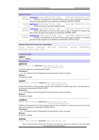 Proyecto Fin de Carrera de Daniel Prado Rodríguez Manual del Programador
Marco Conceptual para la Gestión de Conocimiento de entornos de colaboración: aplicación a la creación
de un portal de revistas electrónicas
335
Method Summary
static
boolean
eliminar(java.lang.String _sql, java.sql.Connection con)
Eliminar la información de la base de datos, para lo cual se introduce la sentencia
sql, pero no hay que poner en la sentencia el encabezado 'DELETE FROM'
Static
int
getCount(java.lang.String _sql, java.sql.Connection con)
Cuenta las tuplas de una determinada consulta
Static
boolean
insertar(java.lang.String _sql, java.sql.Connection con)
Inserta información a la base de datos, para lo cual se introduce la sentencia sql,
pero no hay que poner en la sentencia el encabezado 'INSERT INTO'
static
boolean
modificar(java.lang.String _sql, java.sql.Connection con)
Modifica la información de la base de datos, para lo cual se introduce la sentencia
sql, pero no hay que poner en la sentencia el encabezado 'UPDATE INTO'
Methods inherited from class java.lang.Object
clone, equals, finalize, getClass, hashCode, notify, notifyAll,
toString, wait, wait, wait
Constructor Detail
sqlAux
public sqlAux()
Method Detail
getCount
public static int getCount(java.lang.String _sql,
java.sql.Connection con)
Cuenta las tuplas de una determinada consulta
Parameters:
_sql - La sentencia sql de la búsqueda de la cual queremos contar sus tuplas
Returns:
El número de tuplas
insertar
public static boolean insertar(java.lang.String _sql,
java.sql.Connection con)
Inserta información a la base de datos, para lo cual se introduce la sentencia sql, pero no hay que poner en
la sentencia el encabezado 'INSERT INTO'
Parameters:
_sql - La sentencia sql de la búsqueda de la cual queremos contar sus tuplas
Returns:
El número de tuplas
modificar
public static boolean modificar(java.lang.String _sql,
java.sql.Connection con)
Modifica la información de la base de datos, para lo cual se introduce la sentencia sql, pero no hay que
poner en la sentencia el encabezado 'UPDATE INTO'
Parameters:
_sql - La sentencia sql de la búsqueda de la cual queremos contar sus tuplas
Returns:
El número de tuplas
eliminar
public static boolean eliminar(java.lang.String _sql,
 