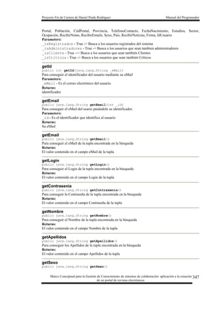 Proyecto Fin de Carrera de Daniel Prado Rodríguez Manual del Programador
Marco Conceptual para la Gestión de Conocimiento de entornos de colaboración: aplicación a la creación
de un portal de revistas electrónicas
347
Portal, Población, CódPostal, Provincia, TeléfonoContacto, FechaNacimiento, Estudios, Sector,
Ocupación, RecibirNotas, RecibirEmails, Sexo, Pais, RecibirNoticias, Firma, IdUsuario
Parameters:
_isRegistrados - True -> Busca a los usuarios registrados del sistema
_isAdministradores - True -> Busca a los usuarios que sean tambien administradores
_isCliente - True --> Busca a los usuarios que sean también Clientes
_isCriticos - True -> Busca a los usuarios que sean también Criticos
getId
public int getId(java.lang.String _eMail)
Para conseguir el identificador del usuario mediante su eMail
Parameters:
_eMail - Es el correo electrónico del usuario.
Returns:
identificador
getEmail
public java.lang.String getEmail(int _id)
Para conseguir el eMail del usario pasándole su identificador.
Parameters:
_id - Es el identificador que identifica al usuario
Returns:
Su eMail
getEmail
public java.lang.String getEmail()
Para conseguir el eMail de la tupla encontrada en la búsqueda
Returns:
El valor contenido en el campo eMail de la tupla
getLogin
public java.lang.String getLogin()
Para conseguir el Login de la tupla encontrada en la búsqueda
Returns:
El valor contenido en el campo Login de la tupla
getContrasenia
public java.lang.String getContrasenia()
Para conseguir la Contraseña de la tupla encontrada en la búsqueda
Returns:
El valor contenido en el campo Contraseña de la tupla
getNombre
public java.lang.String getNombre()
Para conseguir el Nombre de la tupla encontrada en la búsqueda
Returns:
El valor contenido en el campo Nombre de la tupla
getApellidos
public java.lang.String getApellidos()
Para conseguir los Apellidos de la tupla encontrada en la búsqueda
Returns:
El valor contenido en el campo Apellidos de la tupla
getSexo
public java.lang.String getSexo()
 