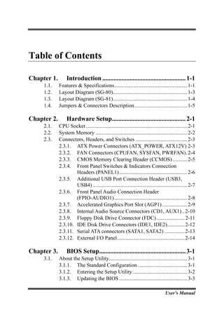 Table of Contents

Chapter 1.        Introduction .................................................... 1-1
     1.1.    Features & Specifications....................................................... 1-1
     1.2.    Layout Diagram (SG-80)........................................................ 1-3
     1.3.    Layout Diagram (SG-81)........................................................ 1-4
     1.4.    Jumpers & Connectors Description........................................ 1-5

Chapter 2.        Hardware Setup.............................................. 2-1
     2.1.    CPU Socket ............................................................................ 2-1
     2.2.    System Memory ..................................................................... 2-2
     2.3.    Connectors, Headers, and Switches ....................................... 2-3
             2.3.1. ATX Power Connectors (ATX_POWER, ATX12V) 2-3
             2.3.2. FAN Connectors (CPUFAN, SYSFAN, PWRFAN). 2-4
             2.3.3. CMOS Memory Clearing Header (CCMOS) ........... 2-5
             2.3.4. Front Panel Switches & Indicators Connection
                     Headers (PANEL1) ................................................... 2-6
             2.3.5. Additional USB Port Connection Header (USB3,
                     USB4) ....................................................................... 2-7
             2.3.6. Front Panel Audio Connection Header
                     (FPIO-AUDIO1)....................................................... 2-8
             2.3.7. Accelerated Graphics Port Slot (AGP1)................... 2-9
             2.3.8. Internal Audio Source Connectors (CD1, AUX1) .. 2-10
             2.3.9. Floppy Disk Drive Connector (FDC) ..................... 2-11
             2.3.10. IDE Disk Drive Connectors (IDE1, IDE2)............. 2-12
             2.3.11. Serial ATA connectors (SATA1, SATA2) ............... 2-13
             2.3.12. External I/O Panel................................................... 2-14

Chapter 3.        BIOS Setup...................................................... 3-1
     3.1.    About the Setup Utility........................................................... 3-1
             3.1.1. The Standard Configuration ..................................... 3-1
             3.1.2. Entering the Setup Utility ......................................... 3-2
             3.1.3. Updating the BIOS ................................................... 3-3

                                                                                    User’s Manual
 
