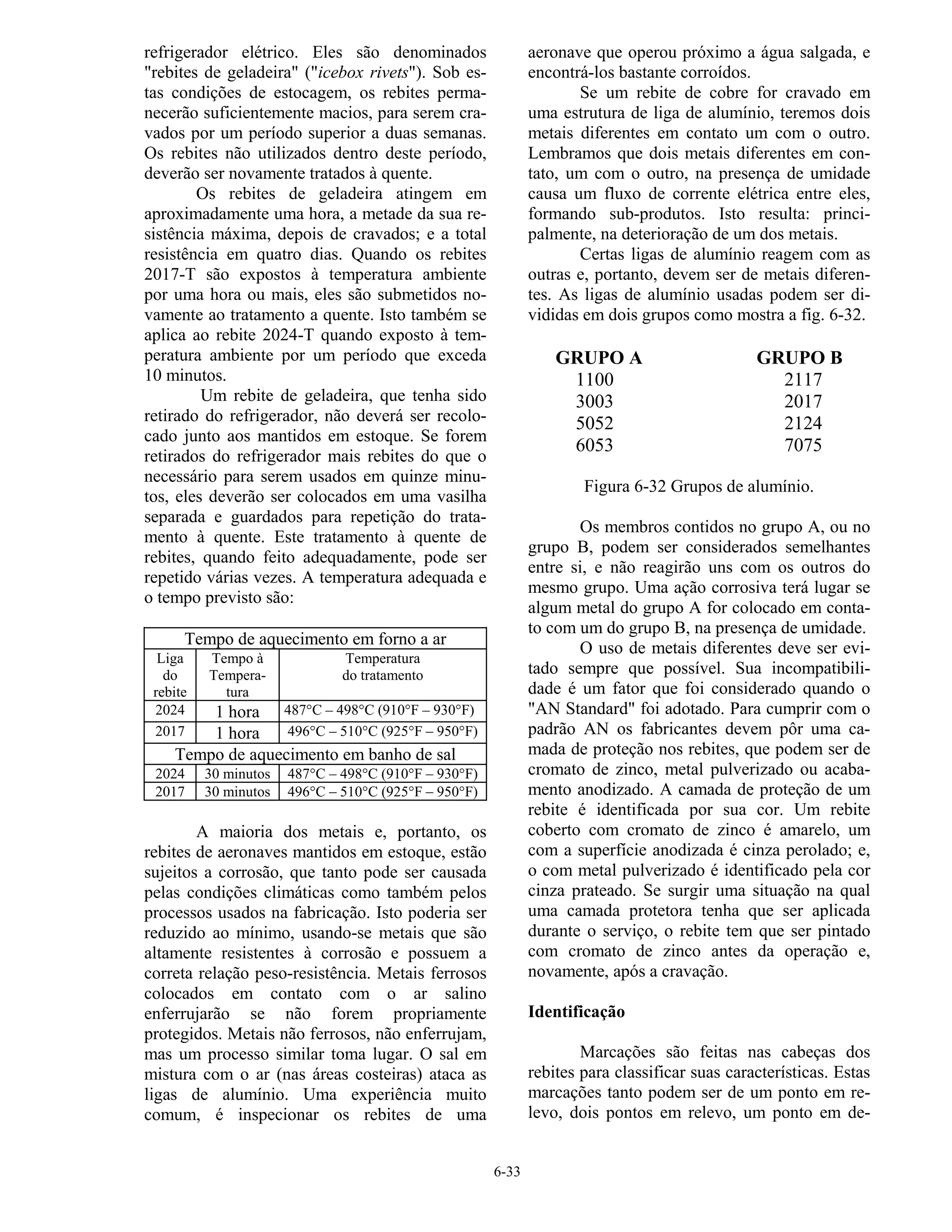 6-33
refrigerador elétrico. Eles são denominados
"rebites de geladeira" ("icebox rivets"). Sob es-
tas condições de estocagem, os rebites perma-
necerão suficientemente macios, para serem cra-
vados por um período superior a duas semanas.
Os rebites não utilizados dentro deste período,
deverão ser novamente tratados à quente.
Os rebites de geladeira atingem em
aproximadamente uma hora, a metade da sua re-
sistência máxima, depois de cravados; e a total
resistência em quatro dias. Quando os rebites
2017-T são expostos à temperatura ambiente
por uma hora ou mais, eles são submetidos no-
vamente ao tratamento a quente. Isto também se
aplica ao rebite 2024-T quando exposto à tem-
peratura ambiente por um período que exceda
10 minutos.
Um rebite de geladeira, que tenha sido
retirado do refrigerador, não deverá ser recolo-
cado junto aos mantidos em estoque. Se forem
retirados do refrigerador mais rebites do que o
necessário para serem usados em quinze minu-
tos, eles deverão ser colocados em uma vasilha
separada e guardados para repetição do trata-
mento à quente. Este tratamento à quente de
rebites, quando feito adequadamente, pode ser
repetido várias vezes. A temperatura adequada e
o tempo previsto são:
Tempo de aquecimento em forno a ar
Liga
do
rebite
Tempo à
Tempera-
tura
Temperatura
do tratamento
2024 1 hora 487°C – 498°C (910°F – 930°F)
2017 1 hora 496°C – 510°C (925°F – 950°F)
Tempo de aquecimento em banho de sal
2024 30 minutos 487°C – 498°C (910°F – 930°F)
2017 30 minutos 496°C – 510°C (925°F – 950°F)
A maioria dos metais e, portanto, os
rebites de aeronaves mantidos em estoque, estão
sujeitos a corrosão, que tanto pode ser causada
pelas condições climáticas como também pelos
processos usados na fabricação. Isto poderia ser
reduzido ao mínimo, usando-se metais que são
altamente resistentes à corrosão e possuem a
correta relação peso-resistência. Metais ferrosos
colocados em contato com o ar salino
enferrujarão se não forem propriamente
protegidos. Metais não ferrosos, não enferrujam,
mas um processo similar toma lugar. O sal em
mistura com o ar (nas áreas costeiras) ataca as
ligas de alumínio. Uma experiência muito
comum, é inspecionar os rebites de uma
aeronave que operou próximo a água salgada, e
encontrá-los bastante corroídos.
Se um rebite de cobre for cravado em
uma estrutura de liga de alumínio, teremos dois
metais diferentes em contato um com o outro.
Lembramos que dois metais diferentes em con-
tato, um com o outro, na presença de umidade
causa um fluxo de corrente elétrica entre eles,
formando sub-produtos. Isto resulta: princi-
palmente, na deterioração de um dos metais.
Certas ligas de alumínio reagem com as
outras e, portanto, devem ser de metais diferen-
tes. As ligas de alumínio usadas podem ser di-
vididas em dois grupos como mostra a fig. 6-32.
GRUPO A GRUPO B
1100 2117
3003 2017
5052 2124
6053 7075
Figura 6-32 Grupos de alumínio.
Os membros contidos no grupo A, ou no
grupo B, podem ser considerados semelhantes
entre si, e não reagirão uns com os outros do
mesmo grupo. Uma ação corrosiva terá lugar se
algum metal do grupo A for colocado em conta-
to com um do grupo B, na presença de umidade.
O uso de metais diferentes deve ser evi-
tado sempre que possível. Sua incompatibili-
dade é um fator que foi considerado quando o
"AN Standard" foi adotado. Para cumprir com o
padrão AN os fabricantes devem pôr uma ca-
mada de proteção nos rebites, que podem ser de
cromato de zinco, metal pulverizado ou acaba-
mento anodizado. A camada de proteção de um
rebite é identificada por sua cor. Um rebite
coberto com cromato de zinco é amarelo, um
com a superfície anodizada é cinza perolado; e,
o com metal pulverizado é identificado pela cor
cinza prateado. Se surgir uma situação na qual
uma camada protetora tenha que ser aplicada
durante o serviço, o rebite tem que ser pintado
com cromato de zinco antes da operação e,
novamente, após a cravação.
Identificação
Marcações são feitas nas cabeças dos
rebites para classificar suas características. Estas
marcações tanto podem ser de um ponto em re-
levo, dois pontos em relevo, um ponto em de-
 