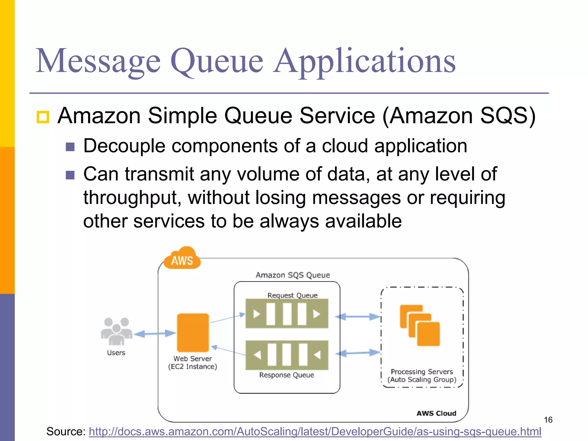 Message Queue Applications  Amazon Simple Queue Service (Amazon SQS)  Decouple components of a cloud application  Can transmit any volume of data, at any level of throughput, without losing messages or requiring other services to be always available 16 Source: http://docs.aws.amazon.com/AutoScaling/latest/DeveloperGuide/as-using-sqs-queue.html 