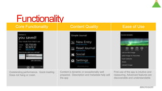 
     Functionality promised, include quality content and are easy
    Highly Functional apps work as
    to use as promised, includes quality content, and is easy touse
      Works




Outstanding performance. Quick loading.   Content is dynamic or exceptionally well       First use of the app is intuitive and
Does not hang or crash.                   prepared. Description and metadata help sell   reassuring. Advanced features are
                                          the app                                        discoverable and understandable
 