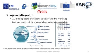 Goals
[1] Imme Philbeck, CONNECTING THE UNCONNECTED Working together to achieve Connect 2020 Agenda Targets, ITU White Paper, 2017.
Reproduction from [1].
 Huge social impacts:
 3.9 billion people are unconnected around the world [1].
 Improve quality of life though information and education.
concertation meeting - EUBrasil Cloud apr 2018 6
 