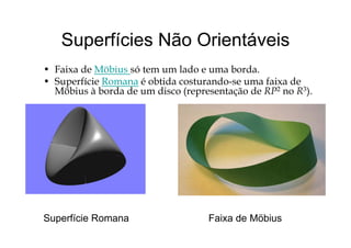 Superfícies Não OrientáveisSuperfícies Não Orientáveis
• F i d Möbi ó t l d b d• Faixa de Möbius só tem um lado e uma borda.
• Superfície Romana é obtida costurando-se uma faixa de
Möbius à borda de um disco (representação de RP2 no R3).( p ç )
Faixa de MöbiusSuperfície Romana
 
