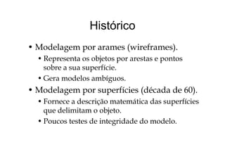 HistóricoHistórico
• Modelagem por arames (wireframes).
• Representa os objetos por arestas e pontosp j p p
sobre a sua superfície.
• Gera modelos ambíguosGera modelos ambíguos.
• Modelagem por superfícies (década de 60).
• Fornece a descrição matemática das superfícies
que delimitam o objeto.
• Poucos testes de integridade do modelo.
 