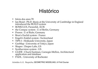 HistóricoHistórico
• Início dos anos 70• Início dos anos 70
• Ian Braid : Ph.D. thesis at the University of Cambridge in England
introduced the BUILD system
• ROMULUS Parasolid ACIS• ROMULUS, Parasolid, ACIS
• the Compac system : U of Berlin, Germany
• Proren : U of Ruhr, Germany
B ’ E lid F• Brun’s Euclid system : France
• Engeli’s Euklid system : Switzerland
• TIPS-1 : Hokkaido University, Japan
• GeoMap : University of Tokyo, Japan
• Shapes : Draper Labs, US
• Synthavision system : USy y
• GLIDE : Chuck Eastman, Carnegie-Mellon, Architectural
application and database
• PADL : University of Rochestery
Aristides A. G. Requicha, GEOMETRIC MODELING: A First Course
 
