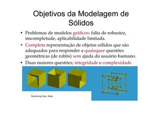 Objetivos da Modelagem de
Sólidos
bl d d l f f l d b• Problemas de modelos gráficos: falta de robustez,
imcompletude, aplicabilidade limitada.
C l t t ã d bj t ólid ã• Completa representação de objetos sólidos que são
adequados para responder a quaisquer questões
geométricas (de robôs) sem ajuda do usuário humanogeométricas (de robôs) sem ajuda do usuário humano.
• Duas maiores questões; integridade e complexidade
Soonh ng Han KaistSoonhung Han, Kaist
 