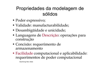 Propriedades da modelagem de
sólidos
P d i• Poder expressivo;
• Validade: manufacturabilidade;
• Desambigüidade e unicidade;
• Languagens de Descrição: operações para• Languagens de Descrição: operações para
construção
C i i d• Concisão: requerimento de
armazenamento
• Facilidade computacional e aplicabilidade:
requerimentos de poder computacionalq p p
Soonhung Han, Kaist
 