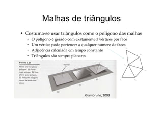 Malhas de triângulosMalhas de triângulos
l l d lh• Costuma-se usar triângulos como o polígono das malhas
• O polígono é gerado com exatamente 3 vértices por face
• Um vértice pode pertencer a qualquer número de faces• Um vértice pode pertencer a qualquer número de faces
• Adjacência calculada em tempo constante
• Triângulos são sempre planaresg p p
Giambruno, 2003,
 