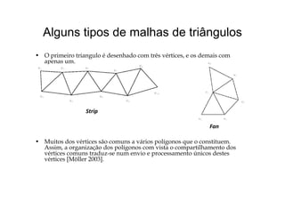 Alguns tipos de malhas de triângulosAlguns tipos de malhas de triângulos
• O primeiro triangulo é desenhado com três vértices e os demais com• O primeiro triangulo é desenhado com três vértices, e os demais com
apenas um.
Strip
• Muitos dos vértices são comuns a vários polígonos que o constituem.
A i i ã d lí i t tilh t d
Fan
Assim, a organização dos polígonos com vista o compartilhamento dos
vértices comuns traduz-se num envio e processamento únicos destes
vértices [Möller 2003].
 