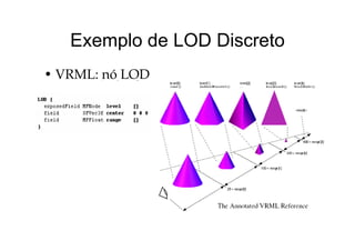 Exemplo de LOD DiscretoExemplo de LOD Discreto
• VRML: nó LOD
 