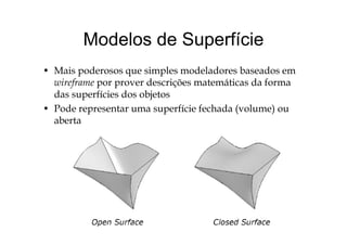 Modelos de SuperfícieModelos de Superfície
d l d l d b d• Mais poderosos que simples modeladores baseados em
wireframe por prover descrições matemáticas da forma
das superfícies dos objetosdas superfícies dos objetos
• Pode representar uma superfície fechada (volume) ou
abertaaberta
 