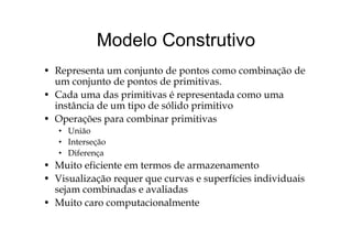 Modelo ConstrutivoModelo Construtivo
R t j t d t bi ã d• Representa um conjunto de pontos como combinação de
um conjunto de pontos de primitivas.
• Cada uma das primitivas é representada como umaCada uma das primitivas é representada como uma
instância de um tipo de sólido primitivo
• Operações para combinar primitivasp p p
• União
• Interseção
• Diferença• Diferença
• Muito eficiente em termos de armazenamento
• Visualização requer que curvas e superfícies individuaisVisualização requer que curvas e superfícies individuais
sejam combinadas e avaliadas
• Muito caro computacionalmente
 