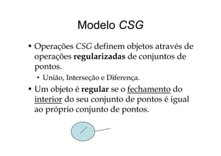 Modelo CSGModelo CSG
• Operações CSG definem objetos através de
operações regularizadas de conjuntos dep ç g j
pontos.
• União Interseção e Diferença• União, Interseção e Diferença.
• Um objeto é regular se o fechamento do
interior do seu conjunto de pontos é igual
ao próprio conjunto de pontos.p p j p
 