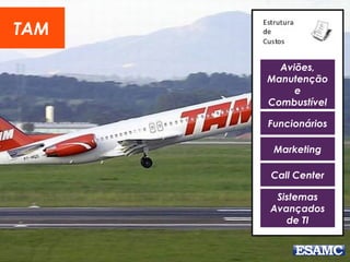 Aviões,
Manutenção
e
Combustível
TAM
Funcionários
Marketing
Call Center
Sistemas
Avançados
de TI
 