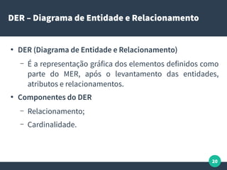 20
DER – Diagrama de Entidade e Relacionamento
●
DER (Diagrama de Entidade e Relacionamento)
– É a representação gráfica dos elementos definidos como
parte do MER, após o levantamento das entidades,
atributos e relacionamentos.
●
Componentes do DER
– Relacionamento;
– Cardinalidade.
 