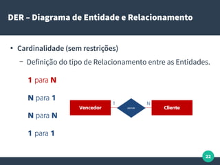 22
DER – Diagrama de Entidade e Relacionamento
●
Cardinalidade (sem restrições)
– Definição do tipo de Relacionamento entre as Entidades.
 