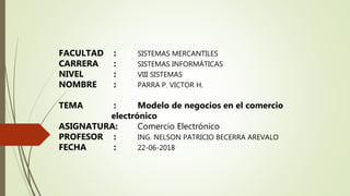 FACULTAD : SISTEMAS MERCANTILES
CARRERA : SISTEMAS INFORMÁTICAS
NIVEL : VIII SISTEMAS
NOMBRE : PARRA P. VICTOR H.
TEMA : Modelo de negocios en el comercio
electrónico
ASIGNATURA: Comercio Electrónico
PROFESOR : ING. NELSON PATRICIO BECERRA AREVALO
FECHA : 22-06-2018
 