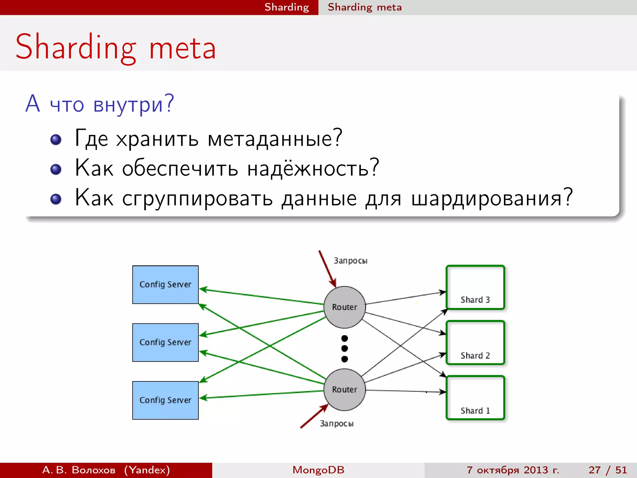 Sharding

Sharding meta

Sharding meta
А что внутри?
Где хранить метаданные?
Как обеспечить надёжность?
Как сгруппировать данные для шардирования?

А. В. Волохов (Yandex)

MongoDB

7 октября 2013 г.

27 / 51

 