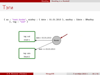 Sharding

Sharding in a Nutshell

Тэги
{ ns : "test.books", minKey : { date : 01.01.2013 }, maxKey : {date : $MaxKey
}, tag : "ssd" }

А. В. Волохов (Yandex)

MongoDB

7 октября 2013 г.

33 / 51

 