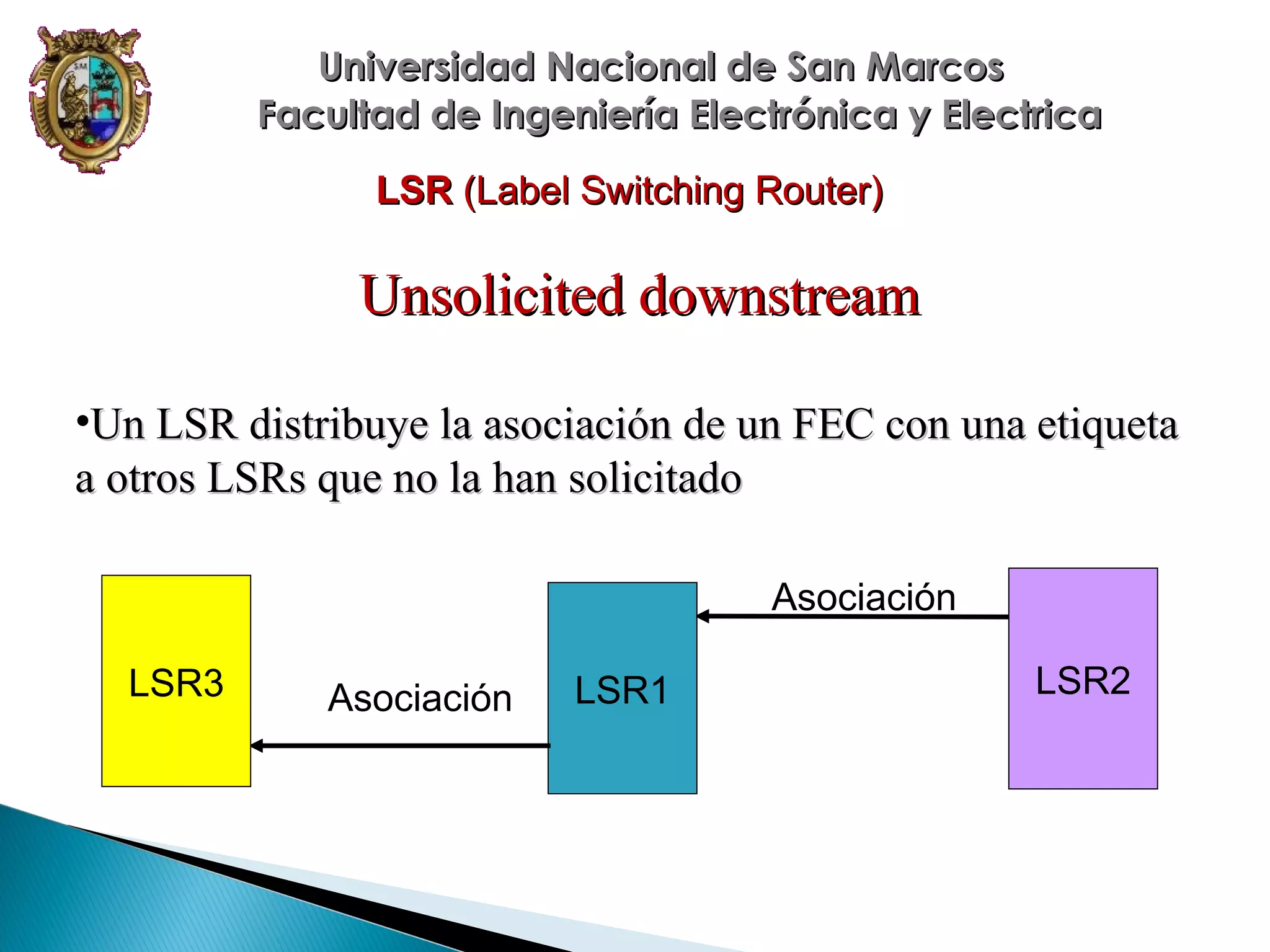 Universidad Nacional de San Marcos
Facultad de Ingeniería Electrónica y Electrica
LSR (Label Switching Router)

Unsolicited downstream
•Un LSR distribuye la asociación de un FEC con una etiqueta
a otros LSRs que no la han solicitado
Asociación
LSR3

Asociación

LSR1

LSR2

 