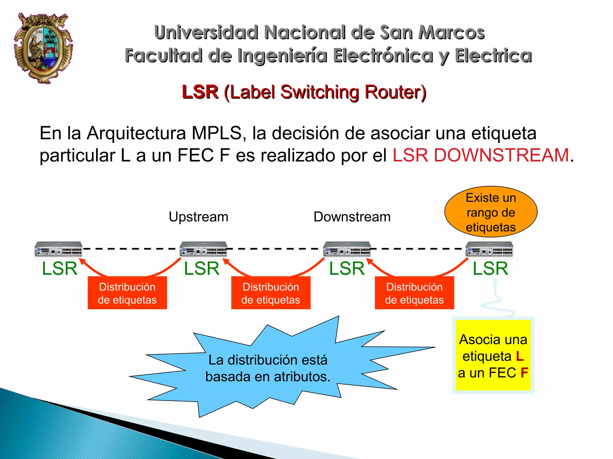 Universidad Nacional de San Marcos
Facultad de Ingeniería Electrónica y Electrica
LSR (Label Switching Router)
En la Arquitectura MPLS, la decisión de asociar una etiqueta
particular L a un FEC F es realizado por el LSR DOWNSTREAM.
Upstream

LSR

Downstream

LSR
Distribución
de etiquetas

LSR
Distribución
de etiquetas

La distribución está
basada en atributos.

Existe un
rango de
etiquetas

LSR
Distribución
de etiquetas

Asocia una
etiqueta L
a un FEC F

 