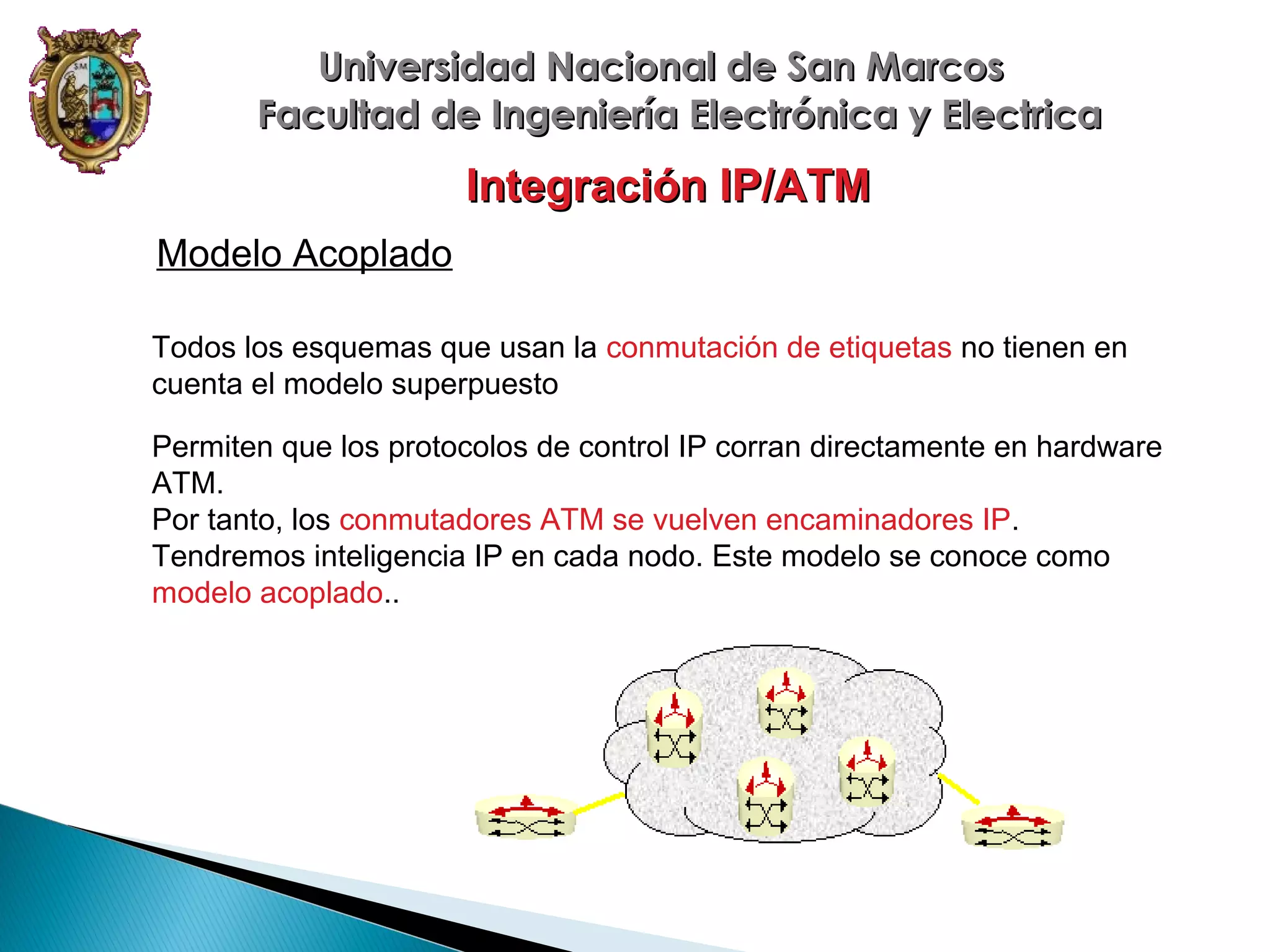 Universidad Nacional de San Marcos
Facultad de Ingeniería Electrónica y Electrica

Integración IP/ATM
Modelo Acoplado
Todos los esquemas que usan la conmutación de etiquetas no tienen en
cuenta el modelo superpuesto
Permiten que los protocolos de control IP corran directamente en hardware
ATM.
Por tanto, los conmutadores ATM se vuelven encaminadores IP.
Tendremos inteligencia IP en cada nodo. Este modelo se conoce como
modelo acoplado..

 