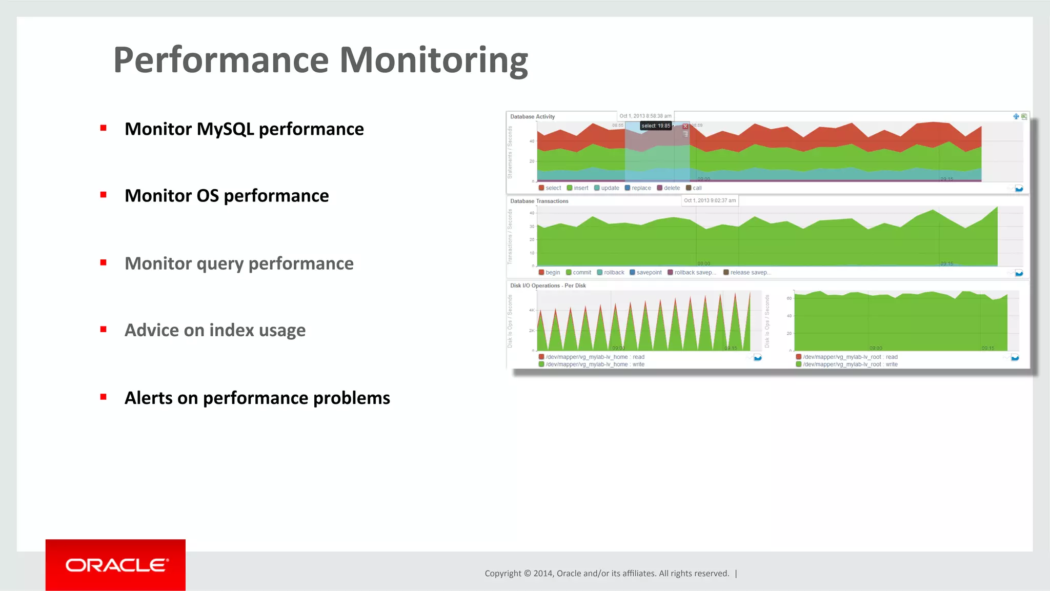 Copyright	
  ©	
  2014,	
  Oracle	
  and/or	
  its	
  aﬃliates.	
  All	
  rights	
  reserved.	
  	
  |	
  
Performance	
  Monitoring	
  
	
  
§  Monitor	
  MySQL	
  performance	
  
§  Monitor	
  OS	
  performance	
  
§  Monitor	
  query	
  performance	
  
§  Advice	
  on	
  index	
  usage	
  
§  Alerts	
  on	
  performance	
  problems	
  
 