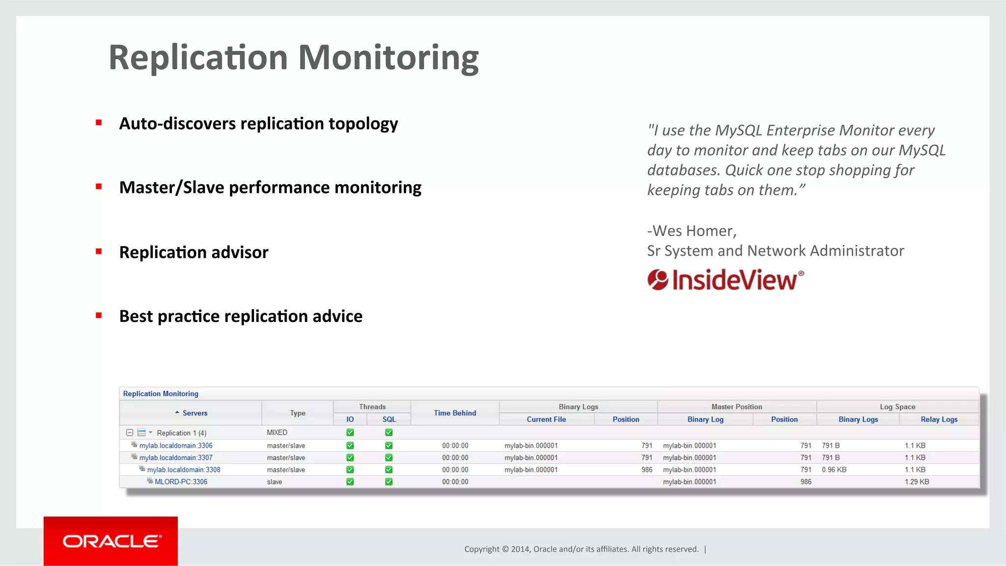 Copyright	
  ©	
  2014,	
  Oracle	
  and/or	
  its	
  aﬃliates.	
  All	
  rights	
  reserved.	
  	
  |	
  
Replica4on	
  Monitoring	
  
§  Auto-­‐discovers	
  replica4on	
  topology	
  
§  Master/Slave	
  performance	
  monitoring	
  
§  Replica4on	
  advisor	
  	
  
§  Best	
  prac4ce	
  replica4on	
  advice	
  
"I	
  use	
  the	
  MySQL	
  Enterprise	
  Monitor	
  every	
  
day	
  to	
  monitor	
  and	
  keep	
  tabs	
  on	
  our	
  MySQL	
  
databases.	
  Quick	
  one	
  stop	
  shopping	
  for	
  
keeping	
  tabs	
  on	
  them.”	
  
	
  
-­‐ Wes	
  Homer,	
  	
  
Sr	
  System	
  and	
  Network	
  Administrator	
  	
  
 