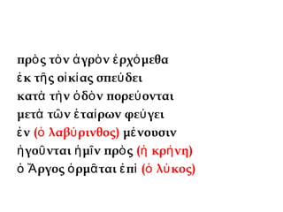 πρ ς τ ν γρ ν ρχ μεθαὸ ὸ ἀ ὸ ἐ ό
κ τ ς ο κ ας σπε δειἐ ῆ ἰ ί ύ
κατ τ ν δ ν πορε ονταιὰ ὴ ὁ ὸ ύ
μετ τ ν τα ρων φε γειὰ ῶ ἑ ί ύ
νἐ ( λαβ ρινθος)ὁ ύ μ νουσινέ
γο νται μ ν πρ ςἡ ῦ ἡ ῖ ὸ ( κρ νη)ἡ ή
ργος ρμ ται πὁ Ἄ ὁ ᾶ ἐ ὶ ( λ κος)ὁ ύ
 