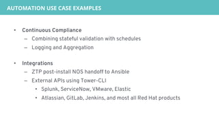 AUTOMATION USE CASE EXAMPLES
• Continuous Compliance
– Combining stateful validation with schedules
– Logging and Aggregation
• Integrations
– ZTP post-install NOS handoff to Ansible
– External APIs using Tower-CLI
• Splunk, ServiceNow, VMware, Elastic
• Atlassian, GitLab, Jenkins, and most all Red Hat products
 