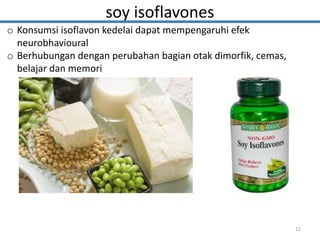 soy isoflavones
o Konsumsi isoflavon kedelai dapat mempengaruhi efek
neurobhavioural
o Berhubungan dengan perubahan bagian otak dimorfik, cemas,
belajar dan memori
11
 