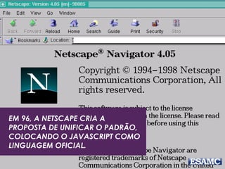 EM 96, A NETSCAPE CRIA A 
PROPOSTA DE UNIFICAR O PADRÃO, 
COLOCANDO O JAVASCRIPT COMO 
LINGUAGEM OFICIAL. 
 