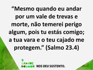 “Mesmo quando eu andar
por um vale de trevas e
morte, não temerei perigo
algum, pois tu estás comigo;
a tua vara e o teu cajado me
protegem.” (Salmo 23.4)
 