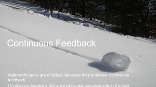 Continuous Feedback


Agile techniques are effective, because they embrace continuous
feedback.
 