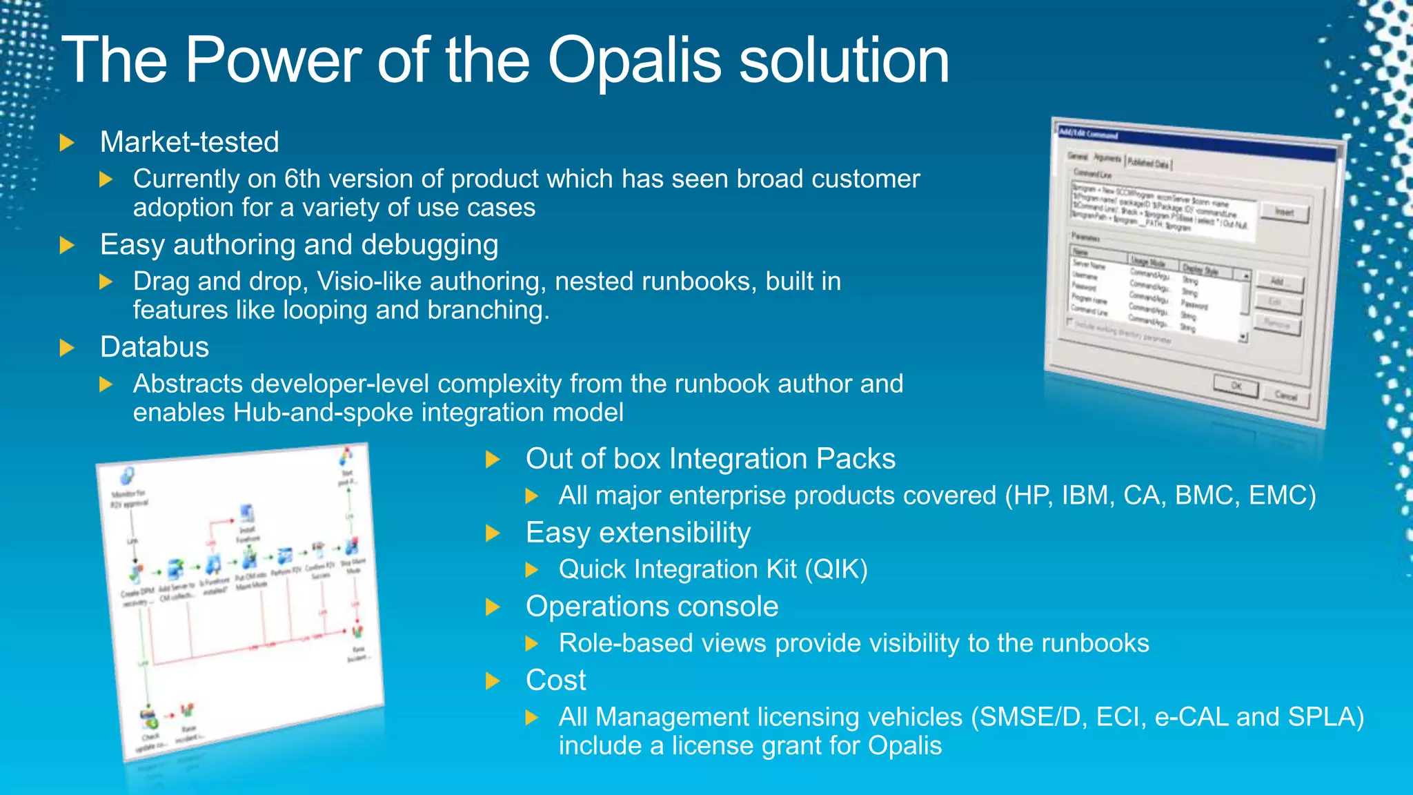 The Power of the Opalis solutionMarket-tested Currently on 6th version of product which has seen broad customer adoption for a variety of use cases Easy authoring and debugging Drag and drop, Visio-like authoring, nested runbooks, built in features like looping and branching.  DatabusAbstracts developer-level complexity from the runbook author and enables Hub-and-spoke integration modelOut of box Integration PacksAll major enterprise products covered (HP, IBM, CA, BMC, EMC)Easy extensibility Quick Integration Kit (QIK)Operations console Role-based views provide visibility to the runbooksCostAll Management licensing vehicles (SMSE/D, ECI, e-CAL and SPLA) include a license grant for Opalis