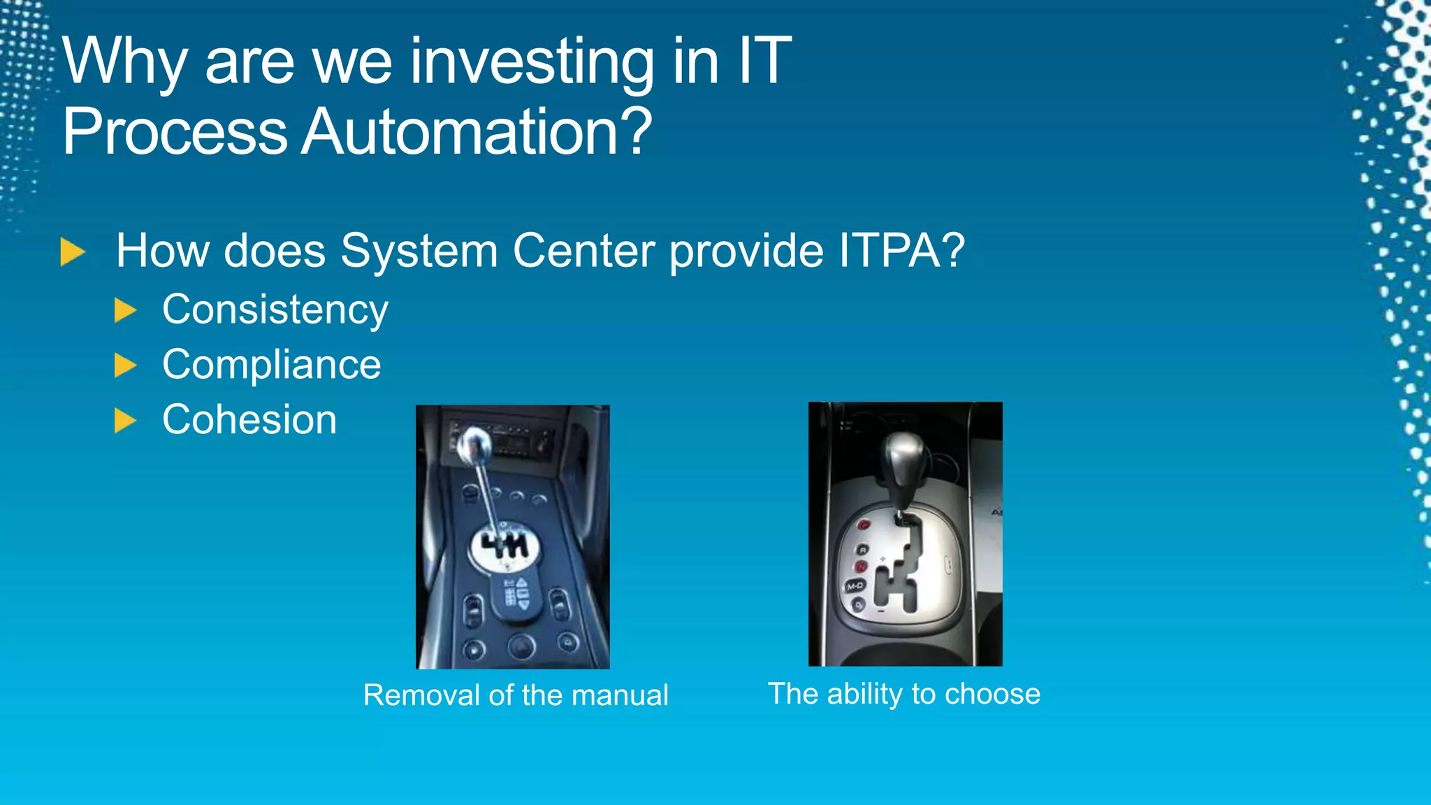Why are we investing in IT Process Automation?How does System Center provide ITPA?ConsistencyComplianceCohesionThe ability to chooseRemoval of the manual