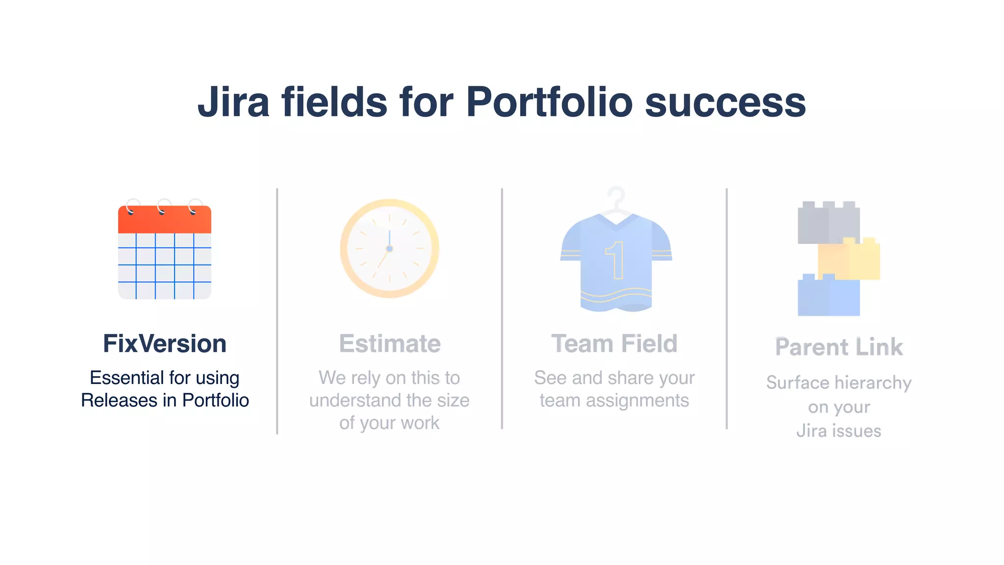 FixVersion
Essential for using  
Releases in Portfolio
Estimate
We rely on this to
understand the size
of your work
Team Field
See and share your
team assignments
Parent Link
Surface hierarchy  
on your  
Jira issues
Jira fields for Portfolio success
 