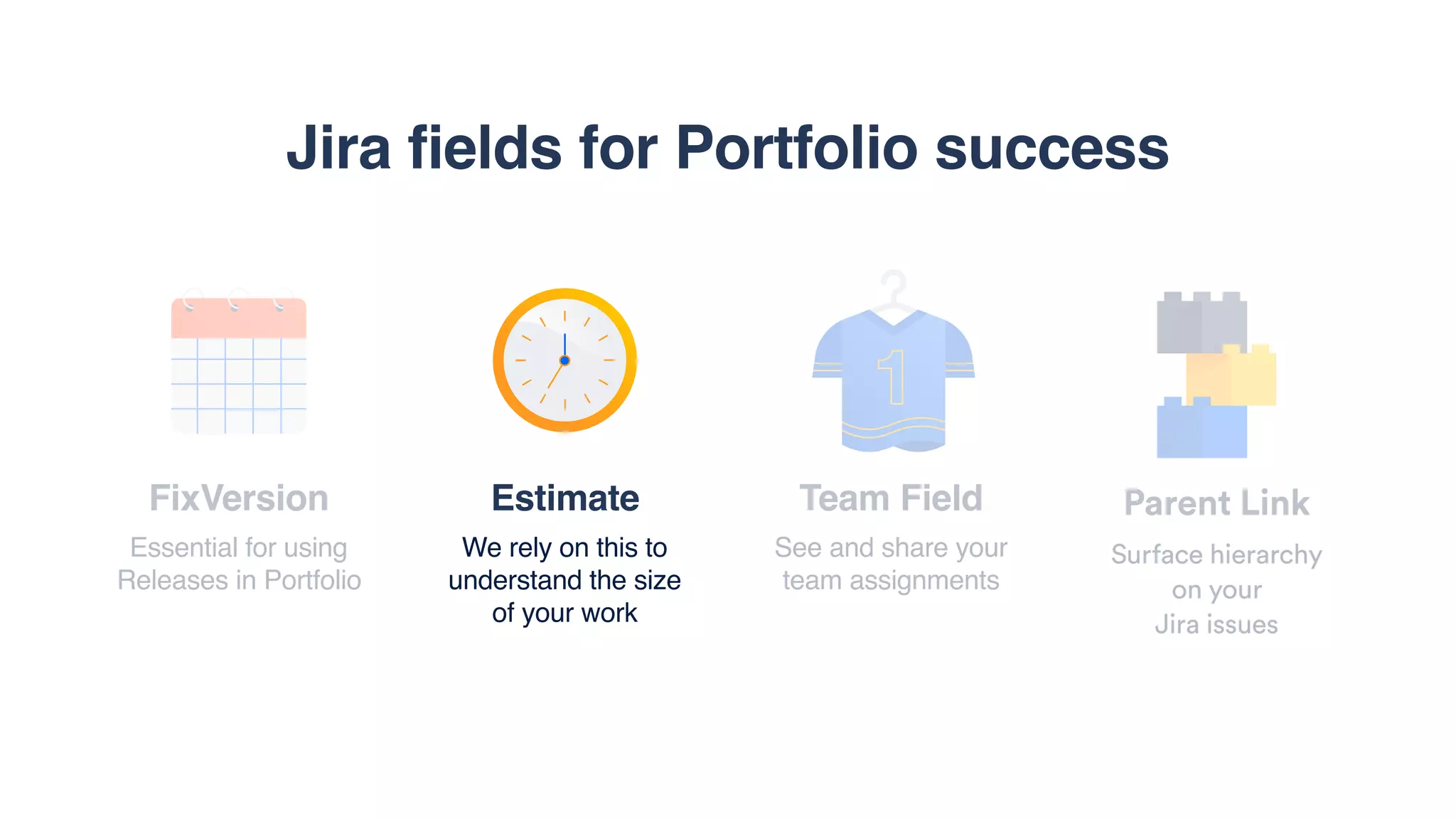 FixVersion
Essential for using  
Releases in Portfolio
Estimate
We rely on this to
understand the size
of your work
Team Field
See and share your
team assignments
Parent Link
Surface hierarchy  
on your  
Jira issues
Jira fields for Portfolio success
 