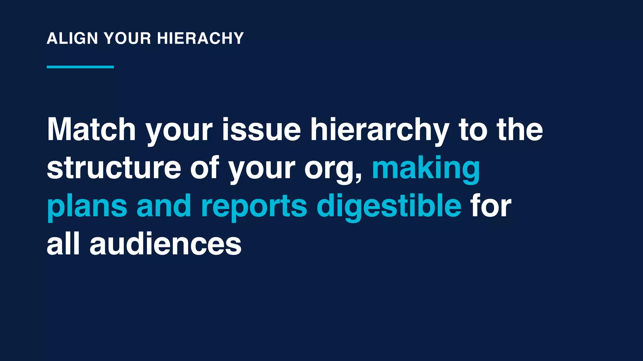 Match your issue hierarchy to the
structure of your org, making  
plans and reports digestible for  
all audiences
ALIGN YOUR HIERACHY
 